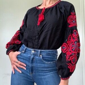 ZARA Woman Embroidered Tassel Blouse Floral Puff Sleeve Women's L Black Linen